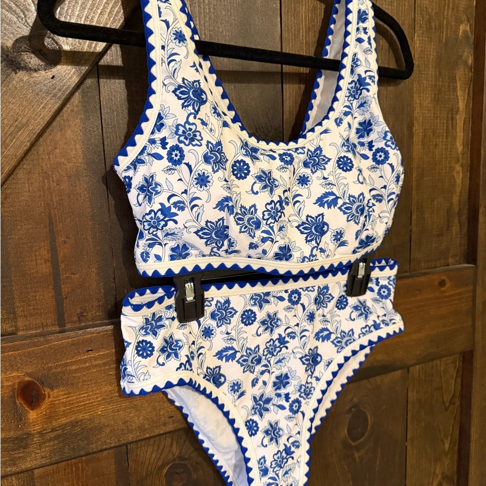 Blue and White Floral Two-Piece Swimsuit